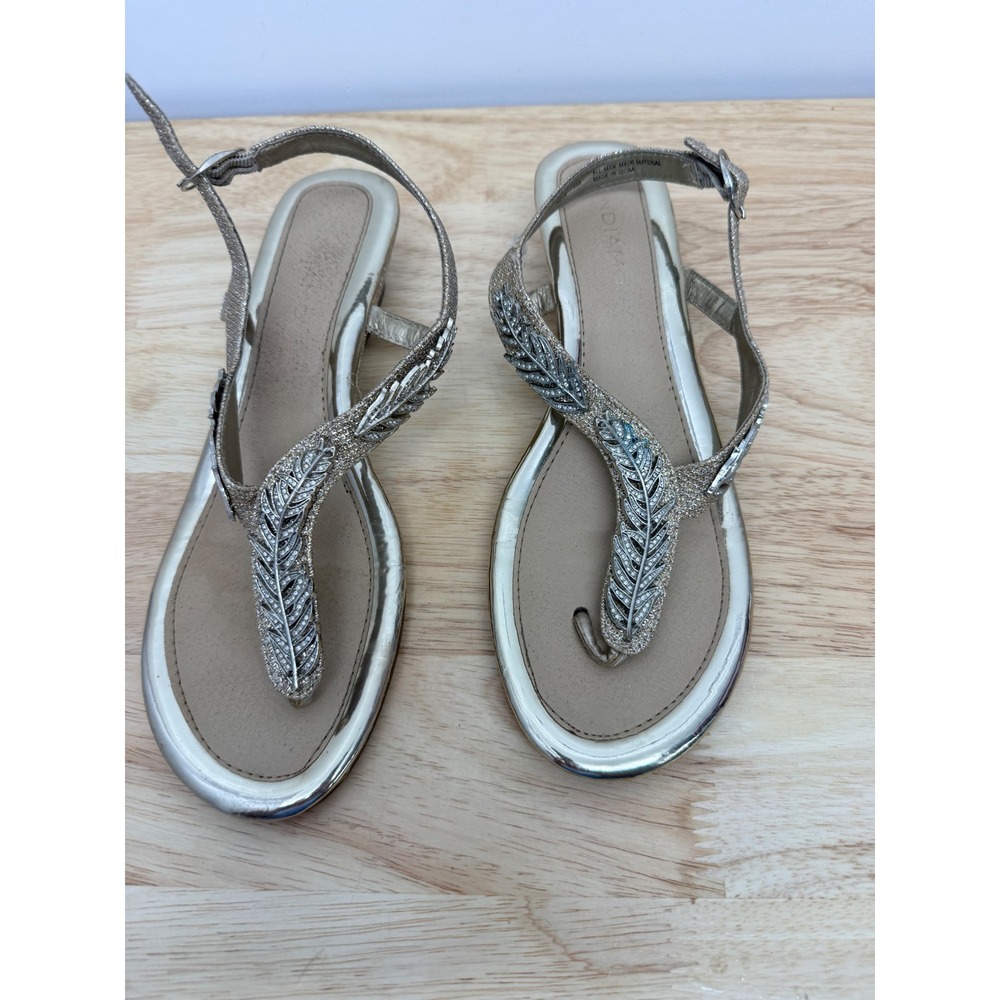 Andiamo Aziva Gold Rhinestone Feather Wedge Sandals Womens 9M Slingback #67